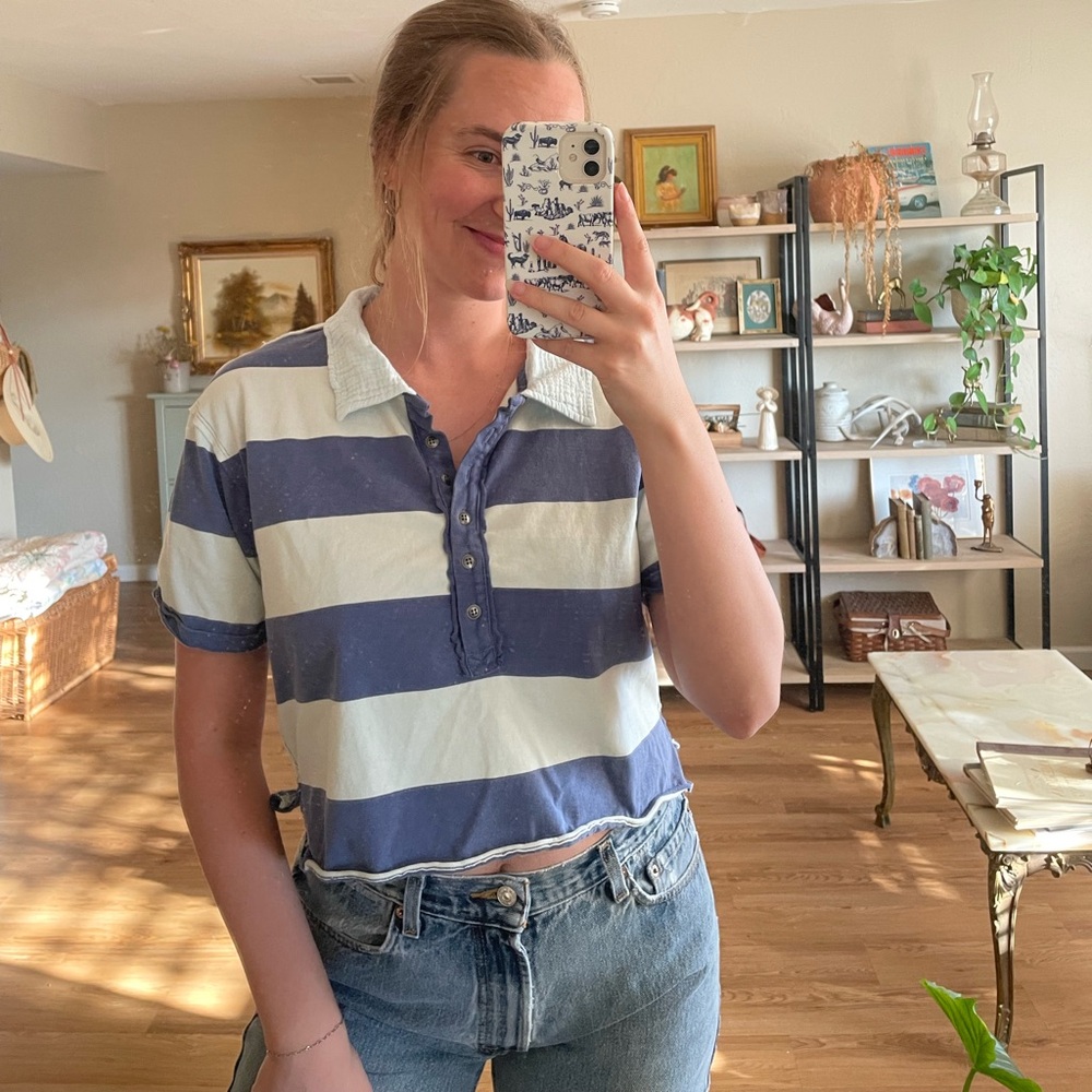 Free People Rugby Blue Collar Stripe Shirt